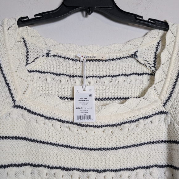 Marine Layer Crochet Top Sara Scalloped Neckline White Black Stripe Sz L - Picture 4 of 10